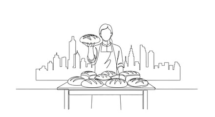 Naklejka premium Artisan Baker in Cityscape: An artisan baker, with a sense of pride, presents an array of freshly baked, golden-crusted bread, a city skyline creating a beautiful backdrop. 