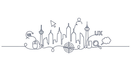 Cityscape UX Design: A stylized cityscape is intricately designed in a continuous line, interwoven with icons representing user experience (UX) principles.
