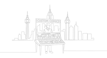 Obraz premium Comic Book Stand in Urban Landscape: A hand-drawn sketch depicts a comic book stand nestled within an urban landscape, showcasing the simple beauty of storytelling.