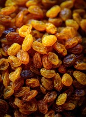 Obraz premium Close-up shot showcasing a bountiful pile of dried raisins, with their wrinkled textures and varying shades of brown and golden hues, creating an appealing visual.