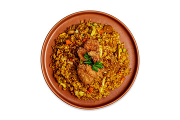 A plate of Indonesian fried rice (nasi goreng) with fried chicken on top, garnished with fresh parsley. Traditional Asian cuisine with vegetables and spices. Top view minimal white background