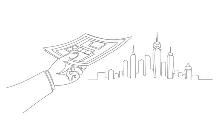 Fototapeta premium Architectural Blueprint and City Silhouette: An abstract image of an hand holding a blueprint with city skyline design showcasing planning and development