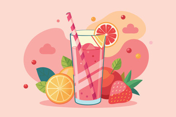 A glass of juice with fruits and a straw on a pink background illustration