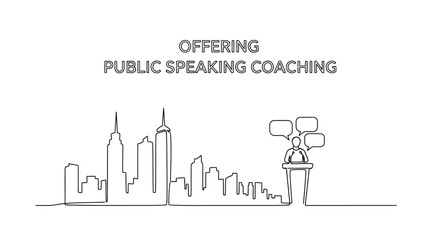 Obraz premium Empowering Voices: A dynamic vector graphic captures the essence of public speaking coaching, highlighting urban landscape and speech bubble.