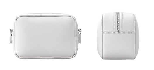 Front and back view of a rectangular, zippered, light-gray/white cosmetic bag or small travel pouch