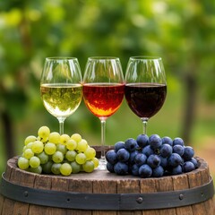 Three glasses of wine and grapes on a barrel