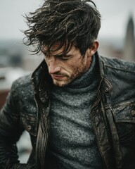 Obraz premium Stylish man with tousled hair in winter leather jacket outdoors
