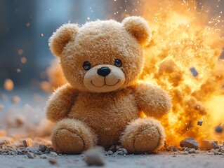 Teddy bear amid an explosive surprise