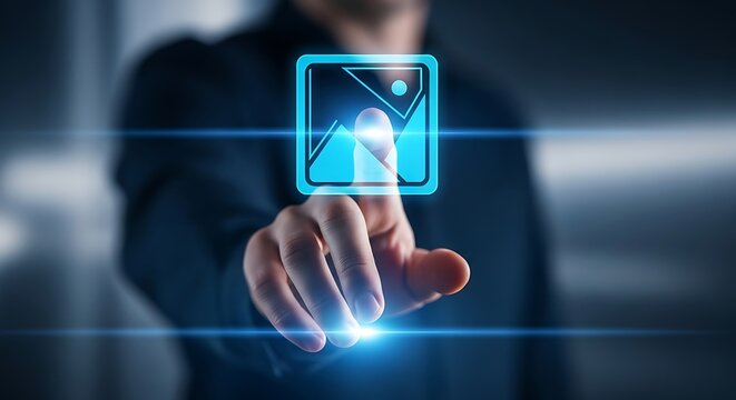 Hand Interacting with Digital Image File on Futuristic Holographic Display System

