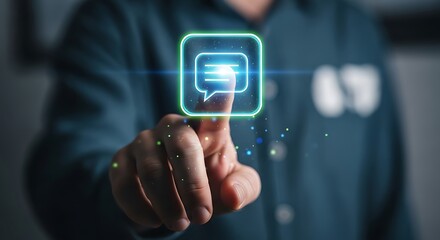 
Futuristic online communication concept. Finger touches glowing speech bubble on digital screen.
