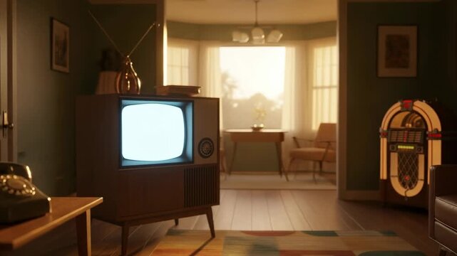 Nostalgic retro living room interior with vintage television, rotary phone, and jukebox. Warm and cozy mid-century home scene.