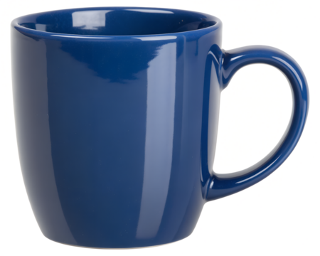 Shiny ceramic blue color mug or cup for tea, coffee, hot beverage or water. Isolated background, selective focus.
