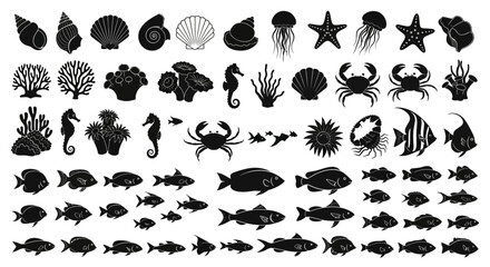 Naklejka premium Collection of Silhouetted Marine Life and Ocean Flora Including Shells Corals Starfish Jellyfish Seahorses Crabs and Diverse Fish Species Representing the Richness of the Underwater World
