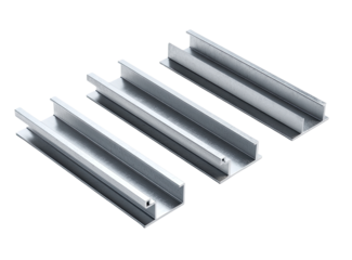 Three silver metal channels,  angled,  with  recessed  grooves.  Close-up, studio shot