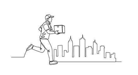 Obraz premium Delivery Rush: A dynamic line art illustration captures a delivery courier sprinting through a city, efficiently carrying a package and highlighting the pace of modern commerce.