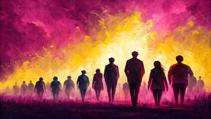 Fototapeta premium A group of people on a journey, walking as silhouettes toward a bright yellow and pink light of hope or the afterlife.