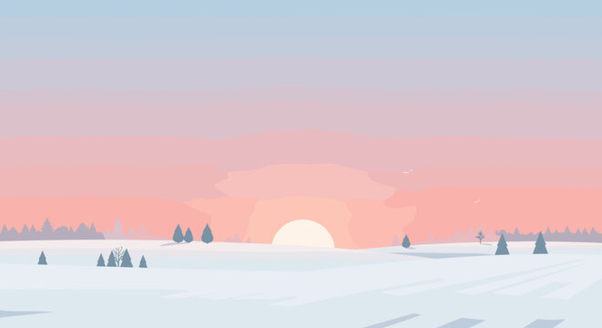 Sunrise over a snowy landscape winter wonderland digital art tranquil environment serene viewpoint. Vector illustration - Powered by Adobe