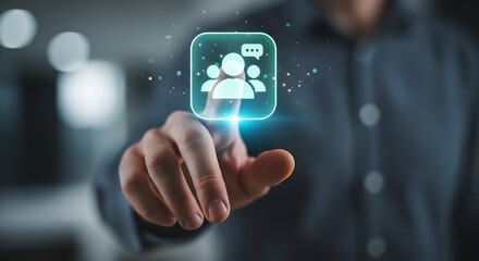 Future of social networking. Man touches glowing group chat icon on virtual interface.

