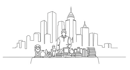 Obraz premium City Vendor with Skyline Backdrop: This intricate artwork, featuring a vendor's stall against a detailed cityscape skyline, encapsulates the urban marketplace scene.