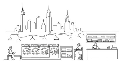 Urban Laundry Service: The modern hustle and bustle of urban life meets the simple necessity of fresh, clean laundry, illustrated in a single, flowing line against the backdrop of a city skyline.