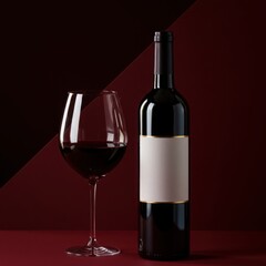 Elegant bottle of red wine and glass on a dark background