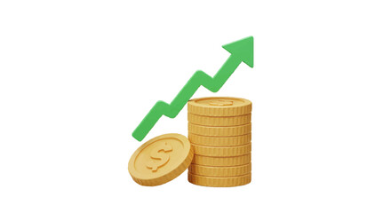 3D vector icon of a stack of coins with upward arrow, plain white background, finance growth