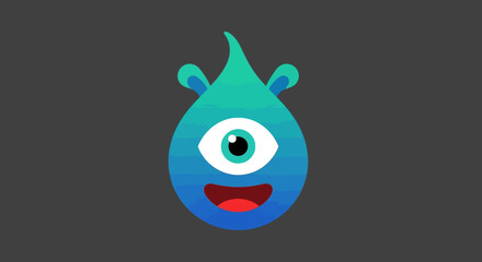 Obraz premium Cute Blue and Green Gradient Droplet Character with One Big Eye and Small Ears Smiling Happily on a Dark Gray Background