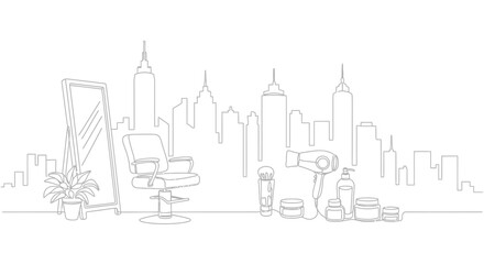Obraz premium Salon and City: A line drawing of a hair salon with a city skyline in the background, combining elements of beauty, urban life, and design.