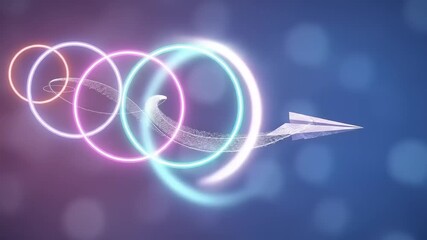 Colorful paper airplane soaring through vibrant circular rings against a blurred background - Powered by Adobe
