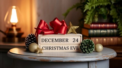 Wooden table with a calendar displaying "December 24 - Christmas Eve" on a blurred background, accompanied by books and a lamp.