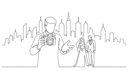 Wedding Photography Sketch: A captivating sketch depicting a photographer capturing a memorable wedding scene with the city skyline as a beautiful backdrop.
