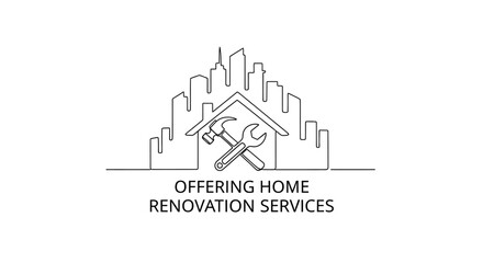 Fototapeta premium Home Renovation Logo: This graphic shows a simple logo that uses a line to draw the house, tool and the city building with text below. It shows renovation service to the customers.