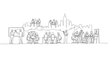 Fototapeta premium Business People and the Cityscape: A seamless, minimalist line drawing encapsulates the bustling energy of professional life in the city, depicting meetings, presentations, and collaboration.