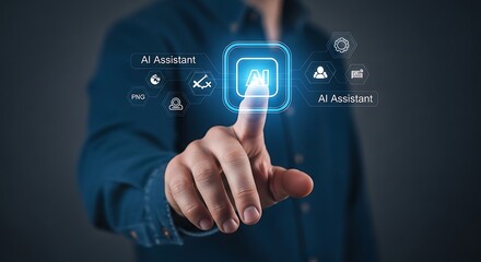 Hand Tapping an AI Assistant Icon on a Digital Business Interface

