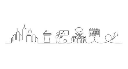 Linear Cityscape of Business and Innovation: A continuous line drawing depicting an urban skyline and elements of business, including public speaking, data analysis, collaborative brainstorming.