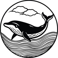 Fototapeta premium Vector art of dolphin swimming through ocean waves under clouds in a circular graphic