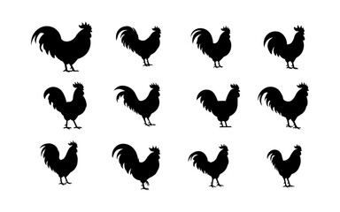Simple Black Silhouette Roosters on White Background