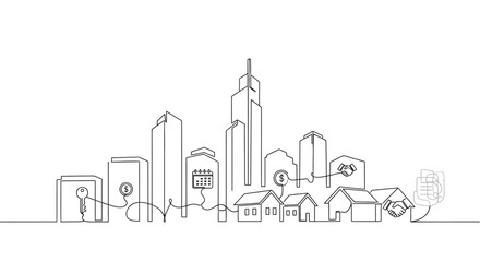 Cityline Connectivity: A minimalist line art depicts a smart city's infrastructure, showcasing interconnected buildings and essential services.