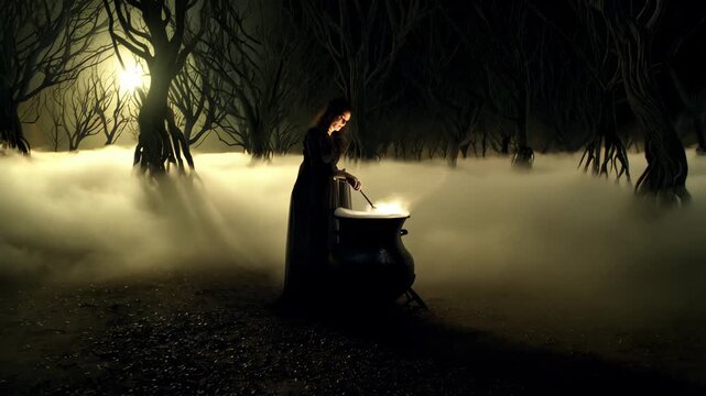 In a fog-laden forest under a full moon, a cloaked figure brews a potion in a cauldron. Shadows and eerie light set the scene for this mystical encounter of magic and nature's forces.