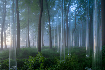 Obraz premium Photo of mystical forest landscape with fog and light, creating a serene and peaceful atmosphere, perfect for meditation and reflection