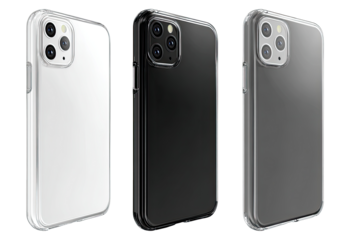 Three clear protective phone cases in white, black, and translucent gray, showcasing a modern smartphone model.  Each case features a raised bezel