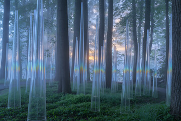 Obraz premium Photo of enchanting forest with ethereal light filtering through the trees, creating a magical and dreamy atmosphere in a serene and peaceful natural setting