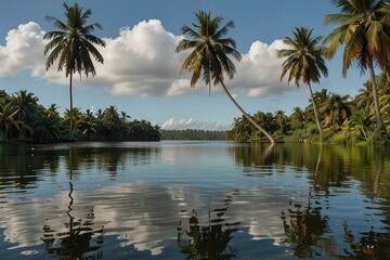 Obraz premium Man Rowing a Wooden Boat Through Tropical Jungle River, Scenic River 