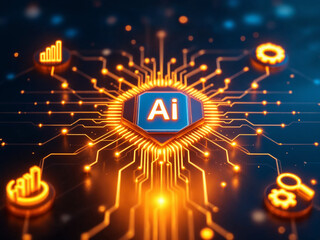 A futuristic glowing blue AI chip on a micro processor circuit board radiating glowing blue lines surrounded by various types of digital icons representing advanced technology and digital innovation.
