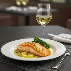 Gourmet salmon dinner with white wine and lemon sauce