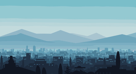 Urban landscape view of mountains and city skyline at dusk digital art tranquil environment aerial perspective. Vector illustration