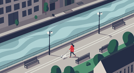Walking a dog along a scenic canal path urban setting illustrative style daytime outdoor concept. Vector illustration