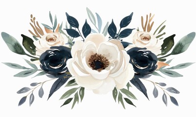 Elegant watercolor floral arrangement roses leaves for invitation design