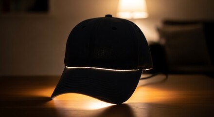 Illuminated black baseball cap with a glowing light strip on the brim for night visibility, a modern technology accessory