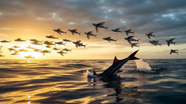 Majestic Sailfish Hunting Flying Fish at Sunset
